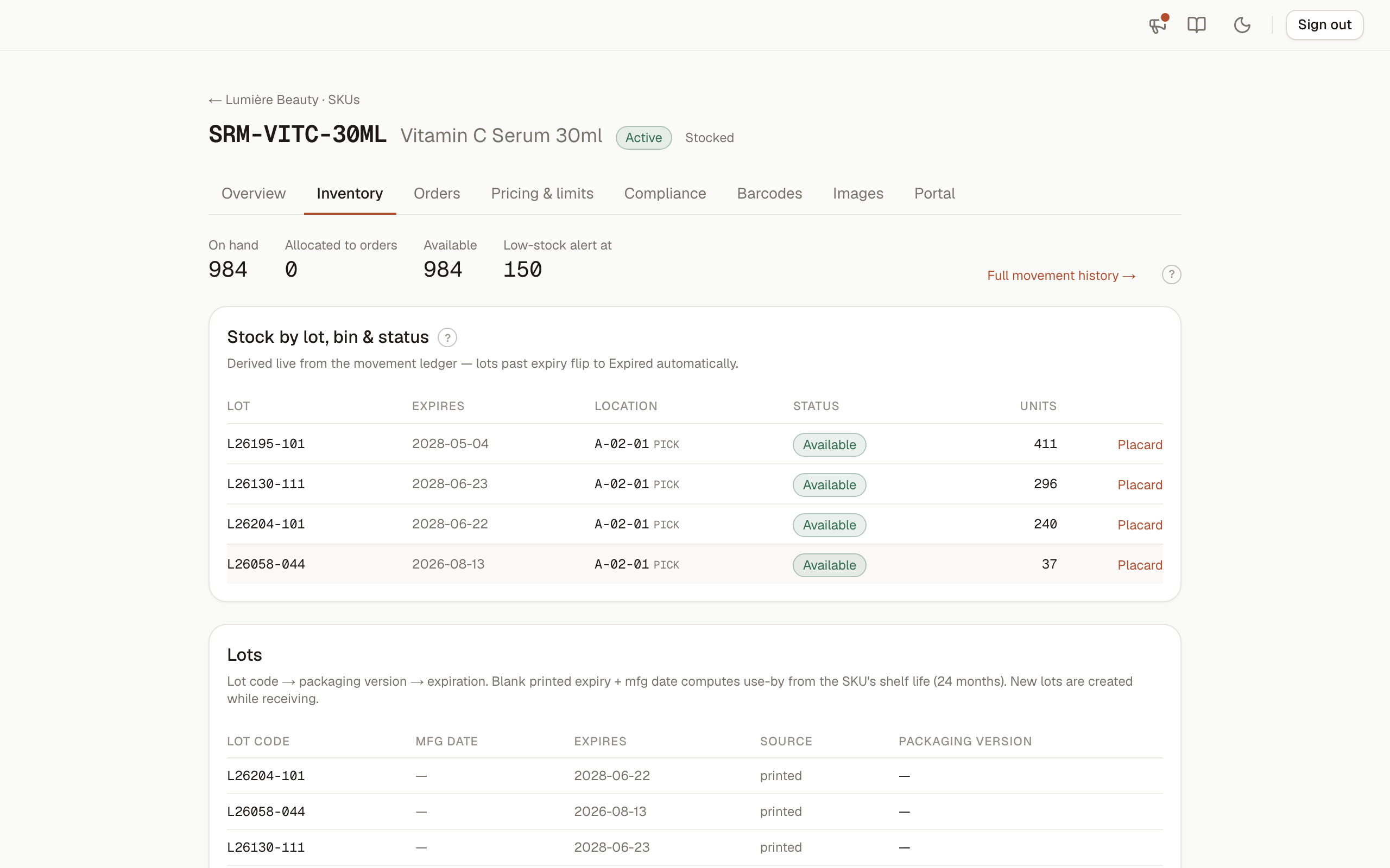 A SKU's inventory tab: stock by lot, bin and status, one lot auto-flagged Expired, and the lot chain with packaging versions